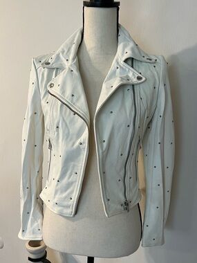 Lamarque White Leather Studded Moto Jacket